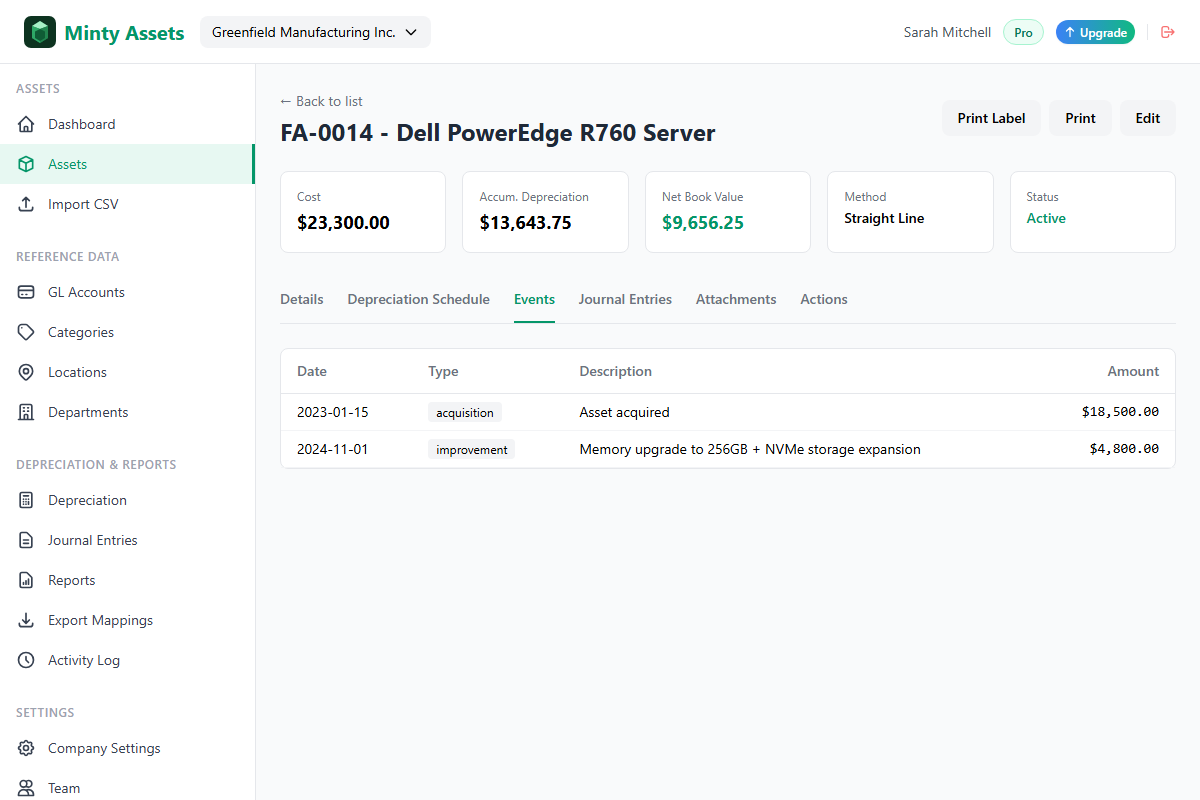 Screenshot of a Minty Assets asset improvement event showing effective date, cost layer, and audit trail