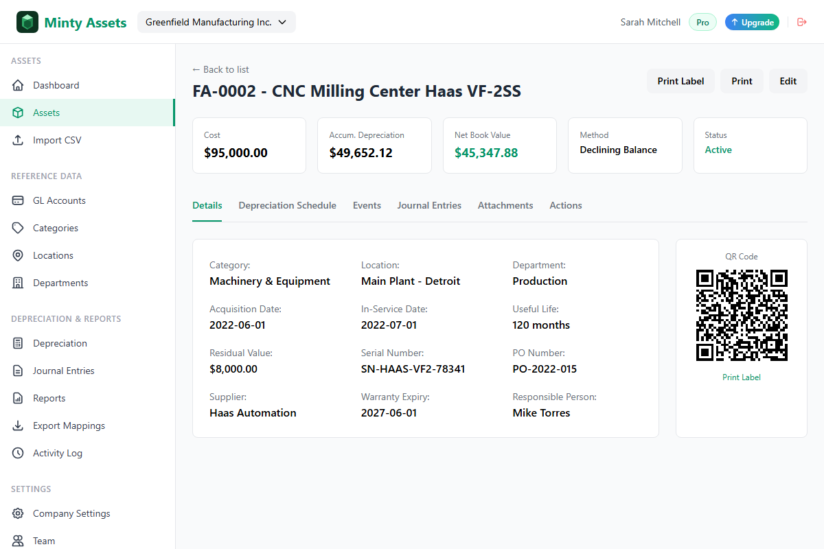 CNC Milling Center asset using declining balance method in Minty Assets