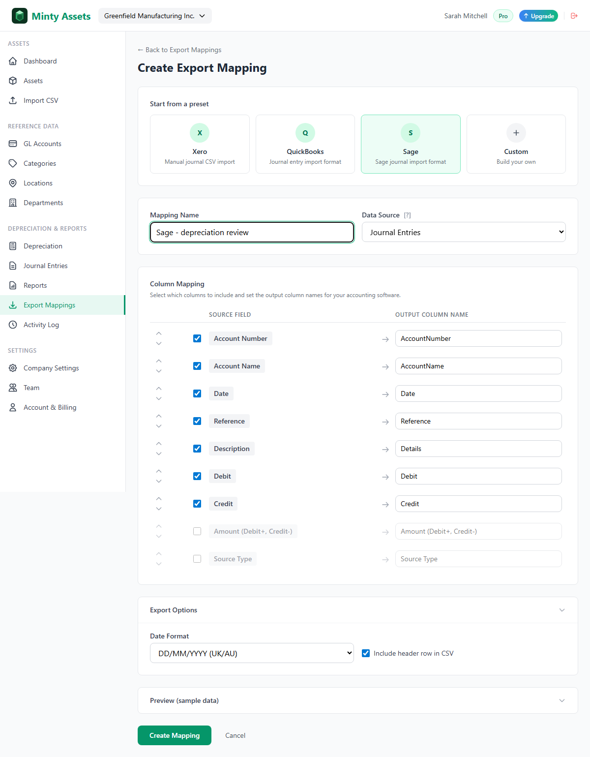 Minty Assets Sage mapping builder with Journal Entries, seven selected output columns, DD/MM/YYYY dates, and CSV headers enabled.