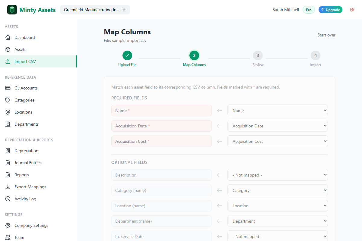 Column mapping screen in the Minty Assets import wizard