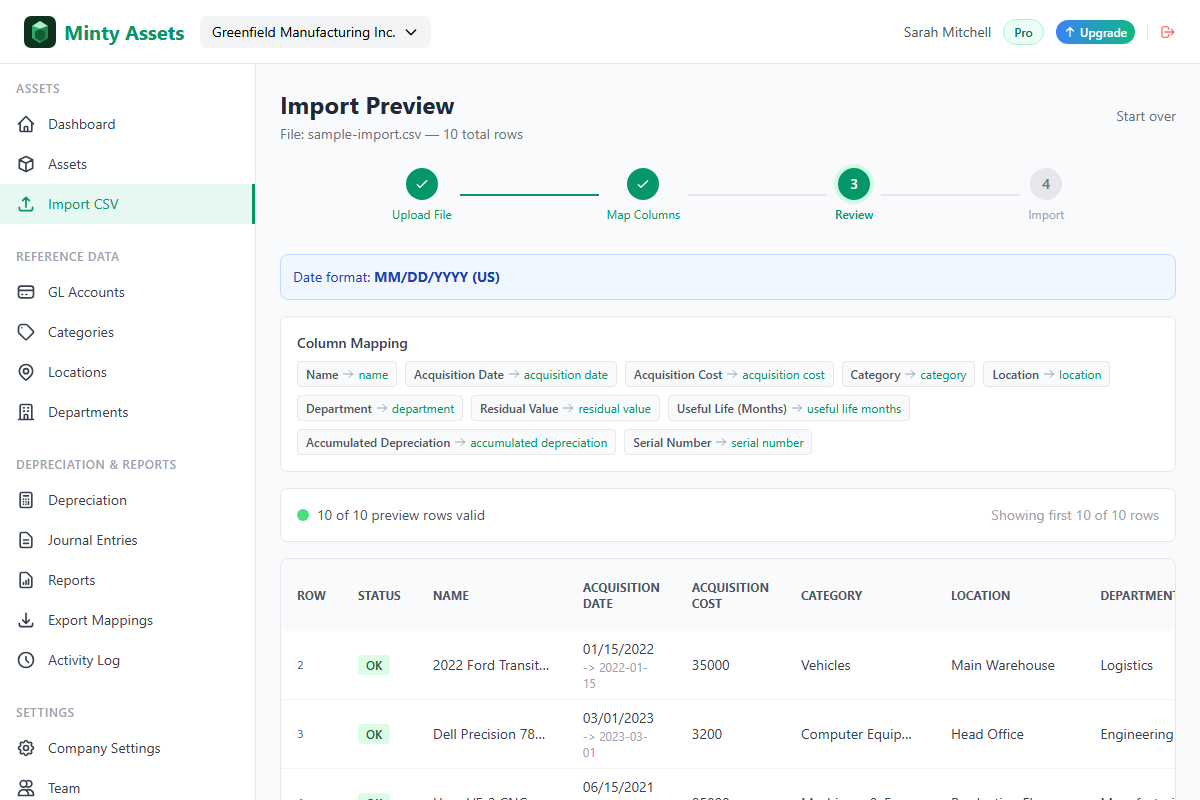 Import preview screen showing validation results